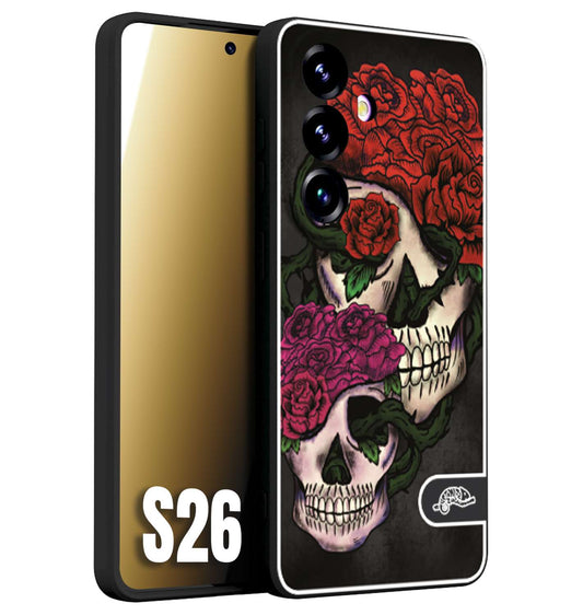CUSTOMIZZA - Custodia cover nera morbida in tpu compatibile per Samsung S26 teschi e rose rosse fucsia skull and roses