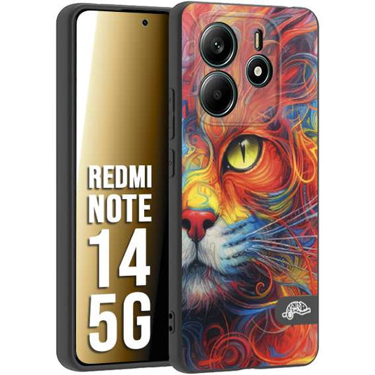 CUSTOMIZZA - Custodia cover nera morbida in tpu compatibile per Xiaomi Redmi Note 14 5G animali color cat gatto viso colori vibranti disegnato schizzo