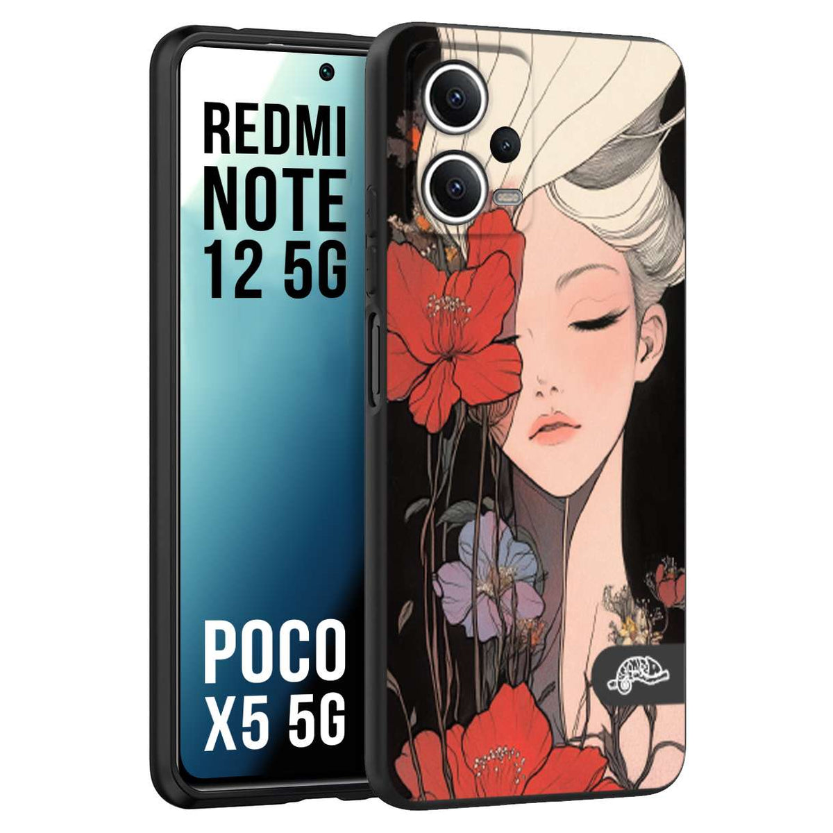 CUSTOMIZZA - Custodia cover nera morbida in tpu compatibile per Xiaomi Redmi Note 12 5G - POCO X5 5G woman flower Fantasia Floreale Design Donna e Fiori, Retro Artistico