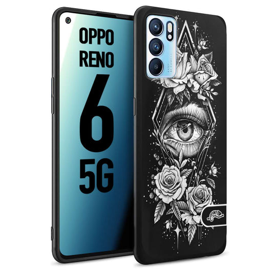 CUSTOMIZZA - Custodia cover nera morbida in tpu compatibile per Oppo Reno 6 5G occhio fiori rombo geometrico black and white bianco a rilievo disegnato tattoo tatuaggio