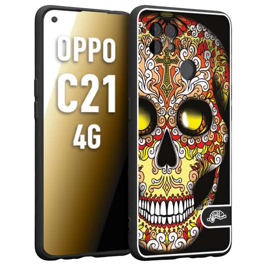 CUSTOMIZZA - Custodia cover nera morbida in tpu compatibile per Oppo Realme C21 4G teschio messicano Mexican skull giallo rosso arancio