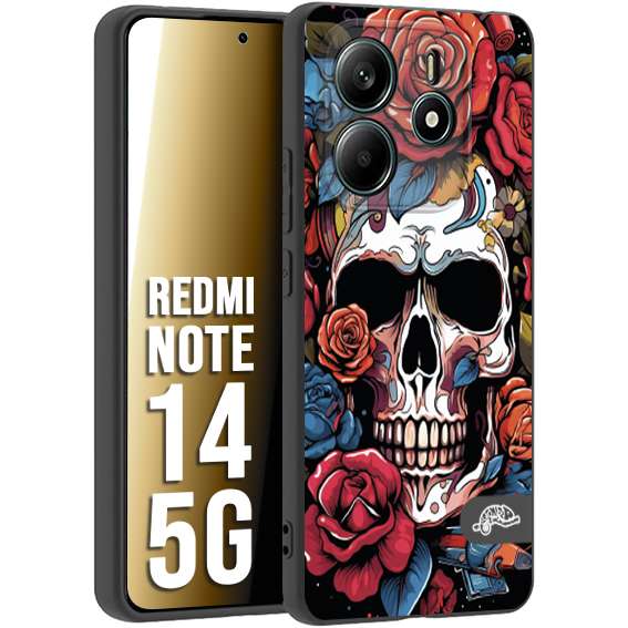 CUSTOMIZZA - Custodia cover nera morbida in tpu compatibile per Xiaomi Redmi Note 14 5G teschio skull flowers fiori rose rosse tattoo disegnato
