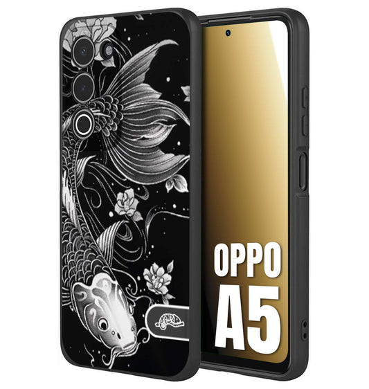 CUSTOMIZZA - Custodia cover nera morbida in tpu compatibile per Oppo A5 carpa koi black and white bianco a rilievo disegnato tattoo tatuaggio