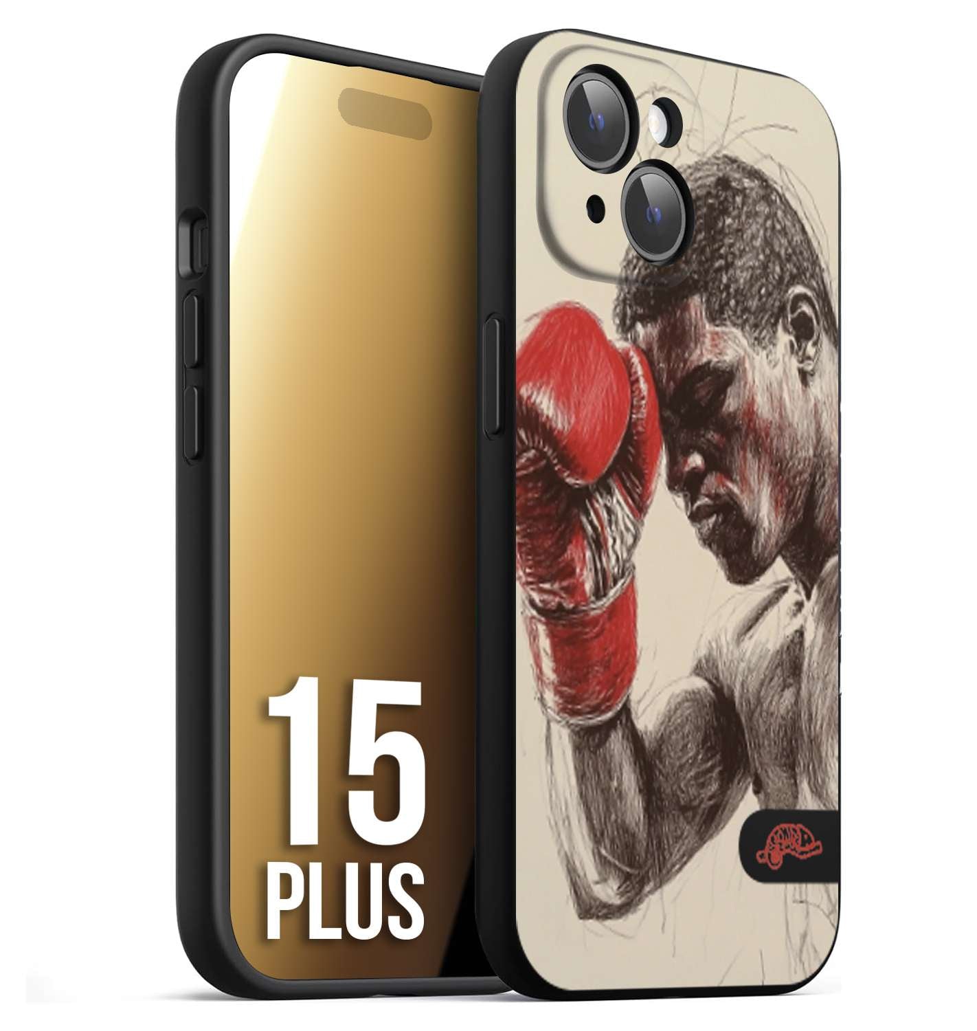 CUSTOMIZZA - Custodia cover nera morbida in tpu compatibile per iPhone 15 PLUS pugilato pugili disegno tattoo guantoni boxer pesi massimi