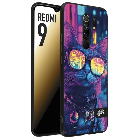 CUSTOMIZZA - Custodia cover nera morbida in tpu compatibile per Xiaomi Redmi 9 animali cyberpunk gatto street cat fucsia blu giallo