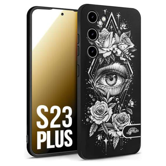 CUSTOMIZZA - Custodia cover nera morbida in tpu compatibile per Samsung S23 PLUS occhio fiori rombo geometrico black and white bianco a rilievo disegnato tattoo tatuaggio