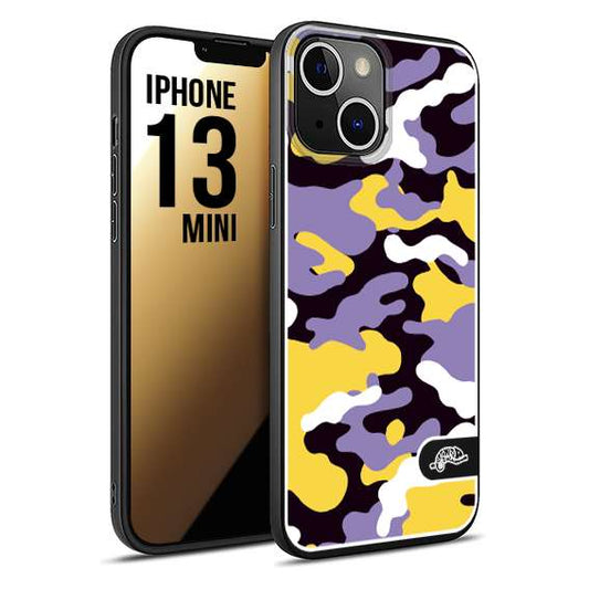 CUSTOMIZZA - Custodia cover nera morbida in tpu compatibile per iPhone 13 MINI camouflage mimetico militare viola lilla giallo