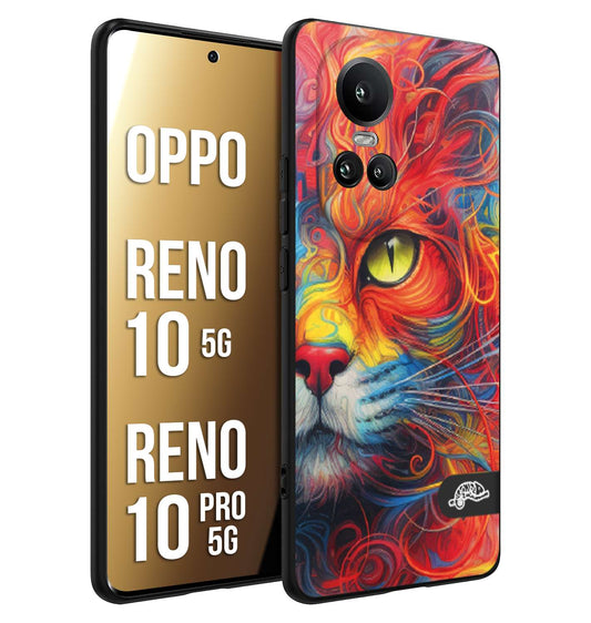 CUSTOMIZZA - Custodia cover nera morbida in tpu compatibile per Oppo Reno 10 5G - 10 PRO 5G animali color cat gatto viso colori vibranti disegnato schizzo