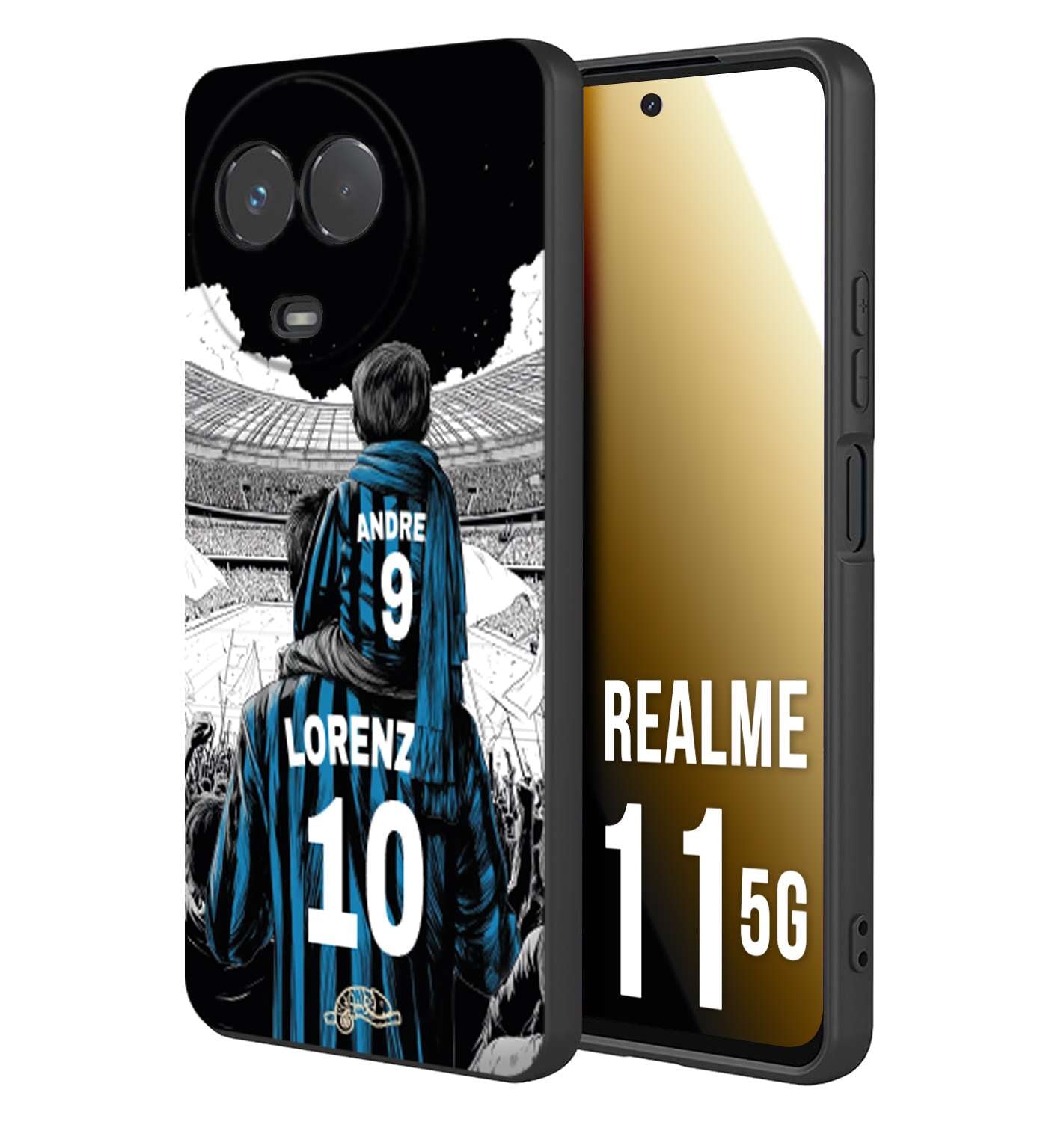 CUSTOMIZZA - Custodia cover nera morbida in tpu compatibile per Realme 11 5G personalizzata calcio football padre e figlio calciatori nerazzurra