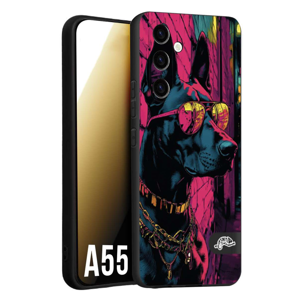 CUSTOMIZZA - Custodia cover nera morbida in tpu compatibile per Samsung A55 5G animali cyberpunk dobermann cane street dog fucsia blu
