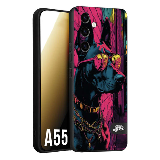 CUSTOMIZZA - Custodia cover nera morbida in tpu compatibile per Samsung A55 5G animali cyberpunk dobermann cane street dog fucsia blu