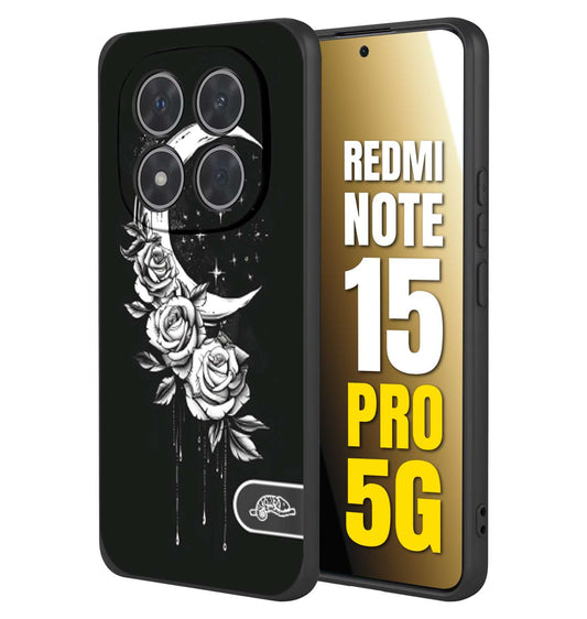 CUSTOMIZZA - Custodia cover nera morbida in tpu compatibile per Xiaomi Redmi Note 15 PRO 5G luna e fiori moon flowers black and white bianco a rilievo disegnato