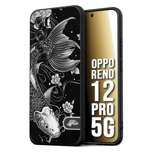 CUSTOMIZZA - Custodia cover nera morbida in tpu compatibile per Oppo Reno 12 PRO 5G carpa koi black and white bianco a rilievo disegnato tattoo tatuaggio