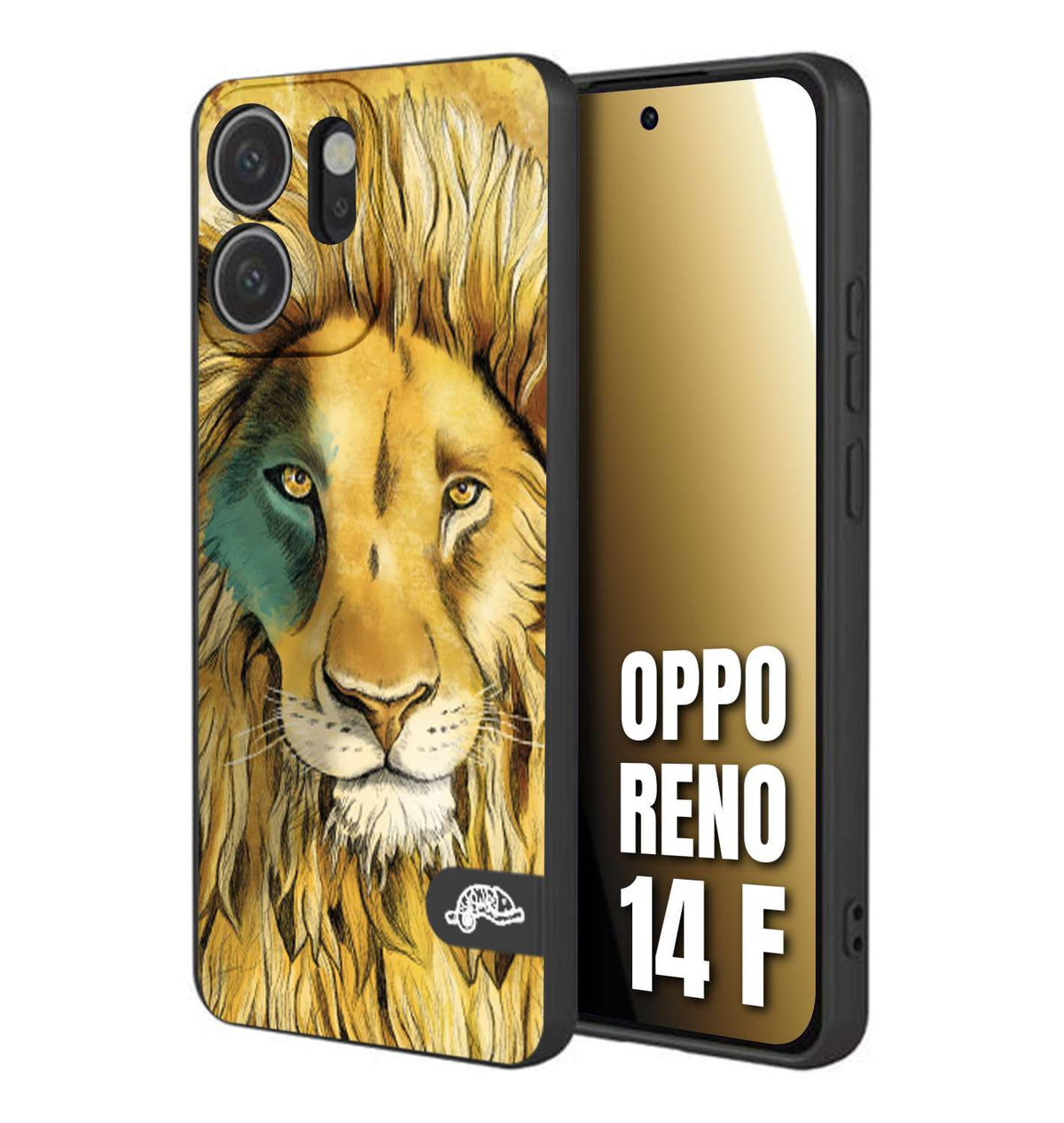 CUSTOMIZZA - Custodia cover nera morbida in tpu compatibile per Oppo Reno 14 F leone lion disegnato a mano giallo blu a rilievo artistico brown
