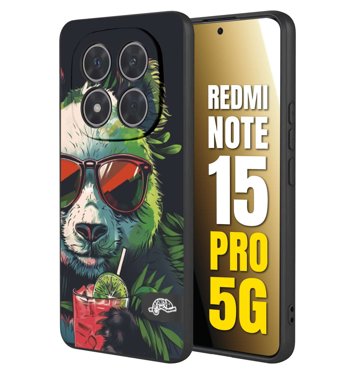 CUSTOMIZZA - Custodia cover nera morbida in tpu compatibile per Xiaomi Redmi Note 15 PRO 5G estate disegnata cocktails animali simpatici panda mojito