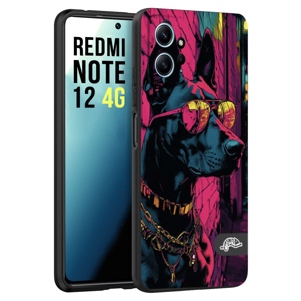 CUSTOMIZZA - Custodia cover nera morbida in tpu compatibile per Xiaomi Redmi Note 12 4G animali cyberpunk dobermann cane street dog fucsia blu