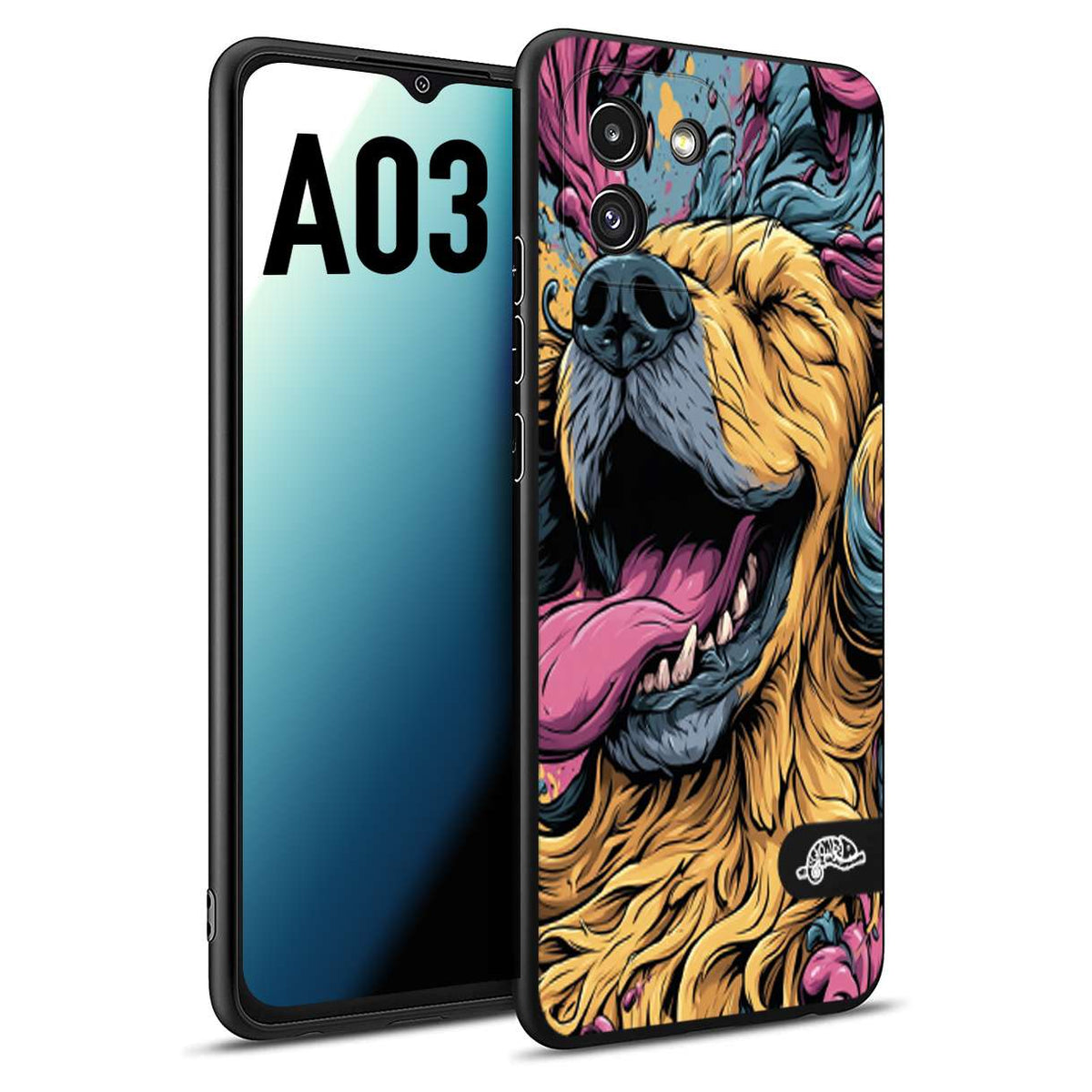 CUSTOMIZZA - Custodia cover nera morbida in tpu compatibile per Samsung A03 Golden Retriever illustrazione cane pop art cane street art cartone animato