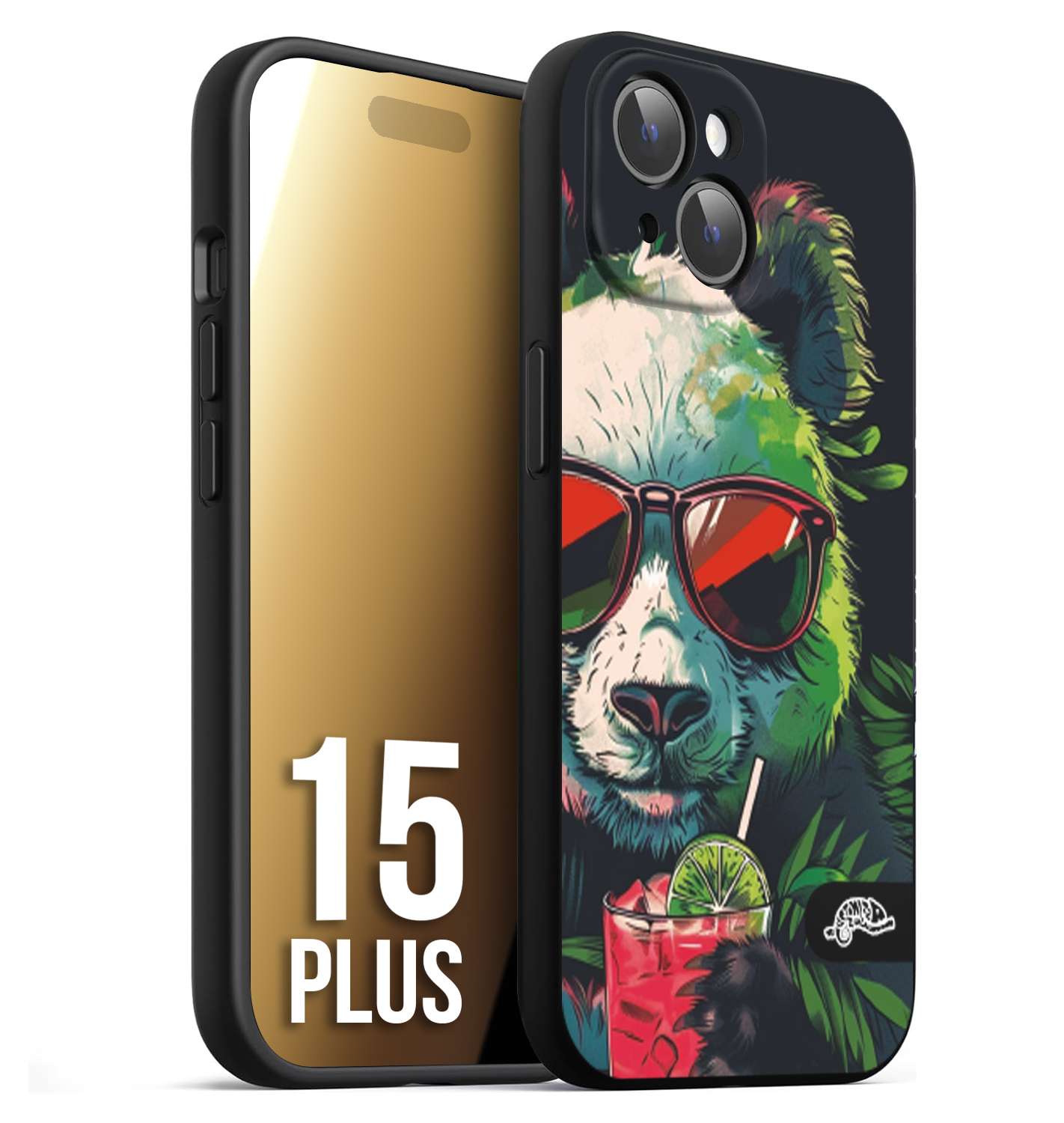 CUSTOMIZZA - Custodia cover nera morbida in tpu compatibile per iPhone 15 PLUS estate disegnata cocktails animali simpatici panda mojito