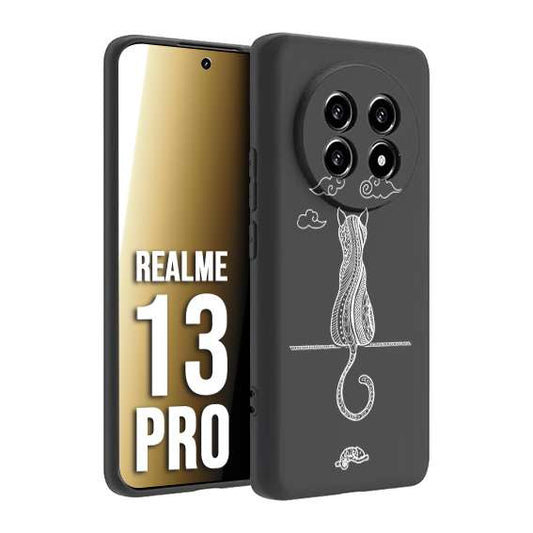 CUSTOMIZZA - Custodia cover nera morbida in tpu compatibile per Realme 13 PRO gatto mandala stilizzato gattino a rilievo soft touch donna bianca
