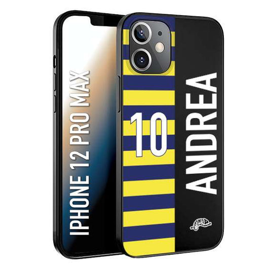 CUSTOMIZZA - Custodia cover nera morbida in tpu compatibile per iPhone 12 PRO MAX personalizzata calcio football nome e numero calciatori giallo blu