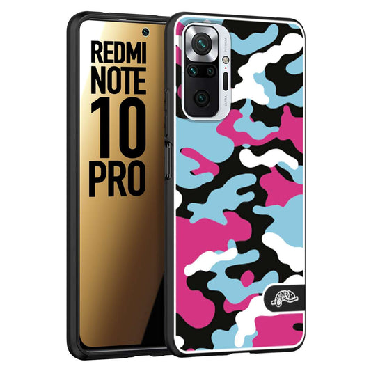 CUSTOMIZZA - Custodia cover nera morbida in tpu compatibile per Xiaomi Redmi Note 10 PRO camouflage mimetico militare fucsia celeste