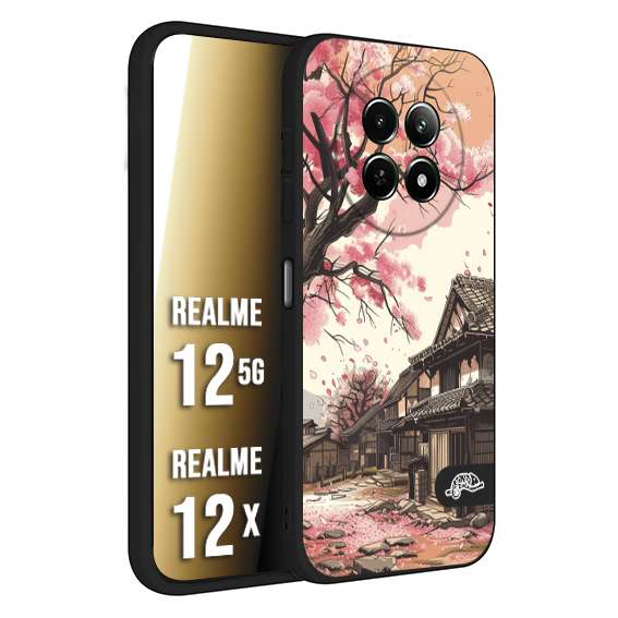 CUSTOMIZZA - Custodia cover nera morbida in tpu compatibile per Realme 12 5G - 12X casa giapponese rosa ciliegio in fiore disegnata tattoo