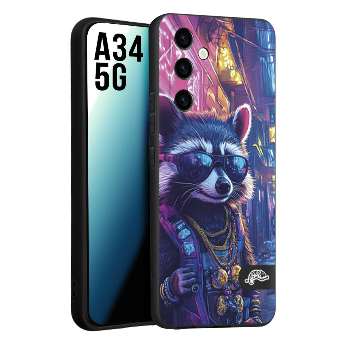 CUSTOMIZZA - Custodia cover nera morbida in tpu compatibile per Samsung A34 5G animali simpatici cyberpunk procione racoon street cat fucsia blu giallo