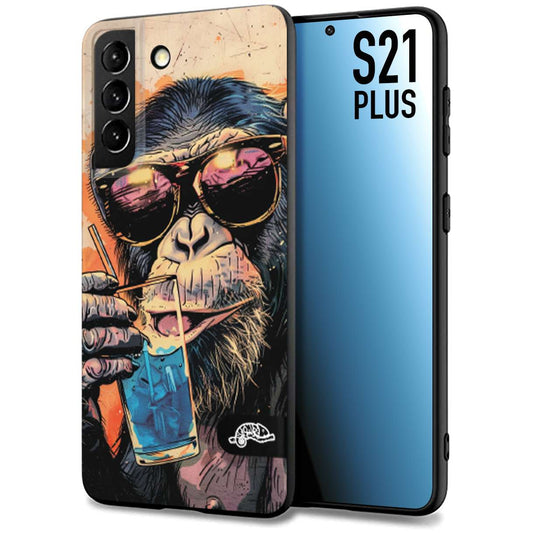 CUSTOMIZZA - Custodia cover nera morbida in tpu compatibile per Samsung S21 PLUS estate disegnata cocktails animali simpatici scimmia monkey negroni