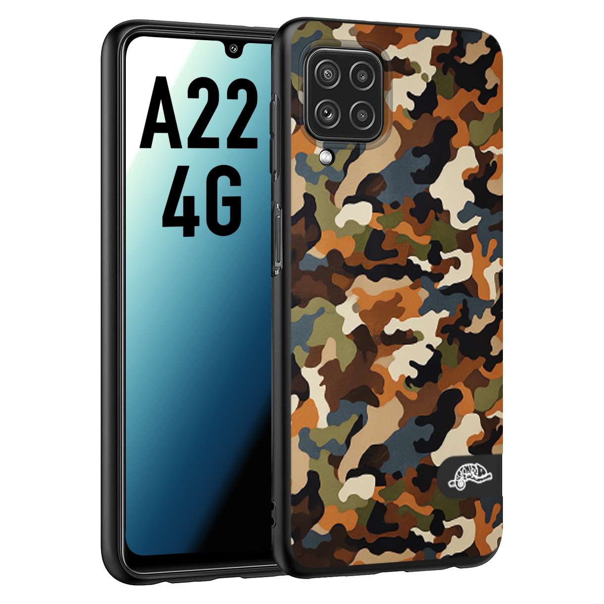 CUSTOMIZZA - Custodia cover nera morbida in tpu compatibile per Samsung A22 4G camouflage mimetico militare moderno blu marrone beige