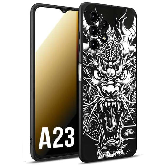 CUSTOMIZZA - Custodia cover nera morbida in tpu compatibile per Samsung A23 drago black and white bianco a rilievo disegnato tattoo tatuaggio