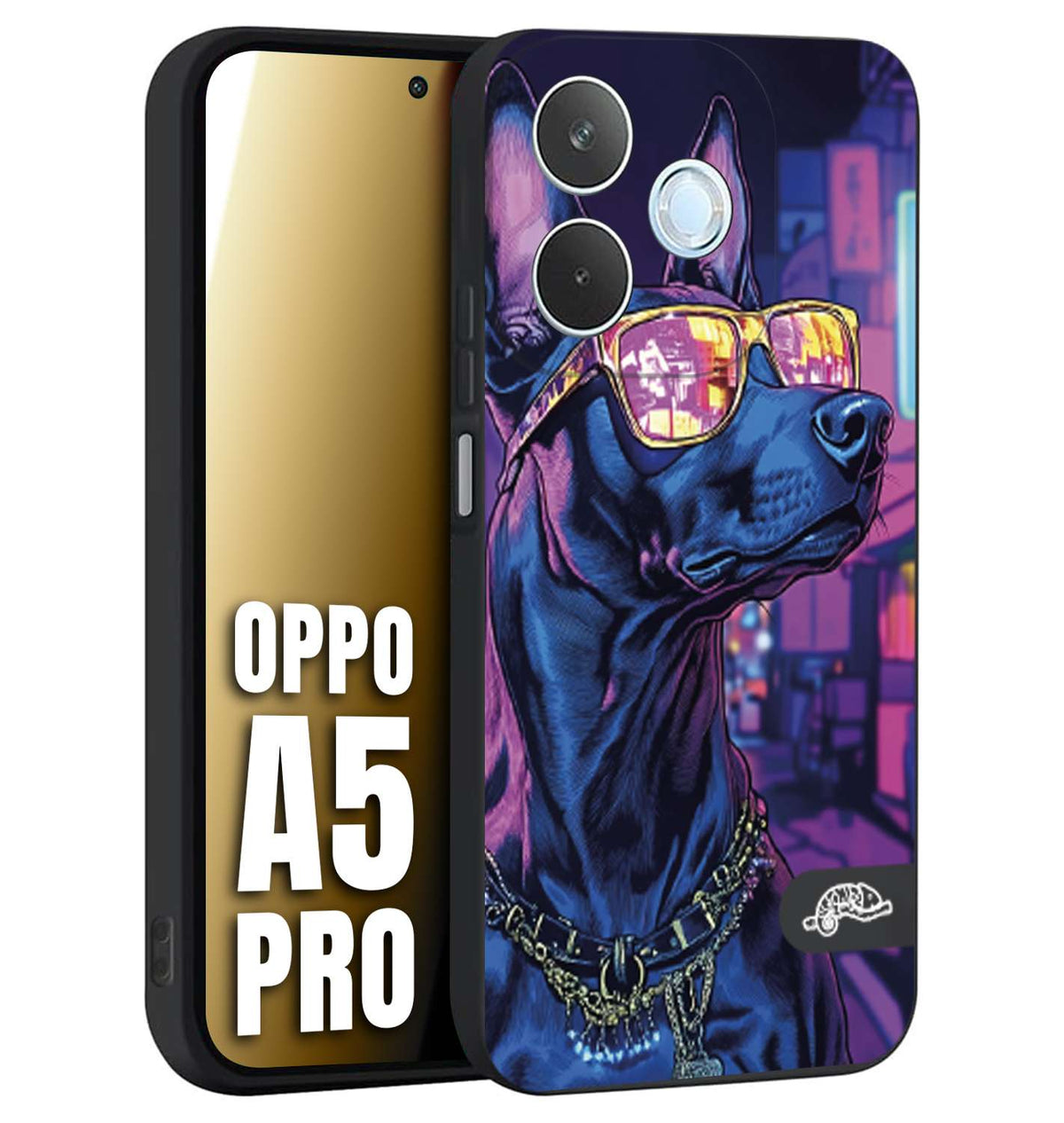 CUSTOMIZZA - Custodia cover nera morbida in tpu compatibile per Oppo A5 PRO animali cyberpunk dobermann cane street dog fucsia blu night