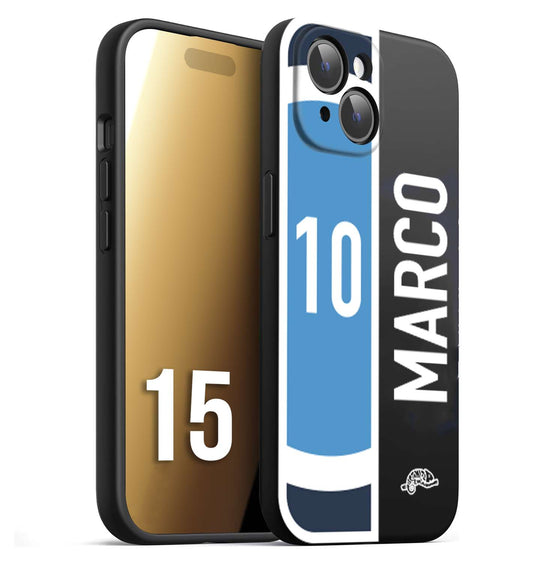 CUSTOMIZZA - Custodia cover nera morbida in tpu compatibile per iPhone 15 personalizzata calcio football nome e numero calciatori biancoazzurri bianco celesti