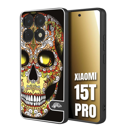 CUSTOMIZZA - Custodia cover nera morbida in tpu compatibile per Xiaomi 15T PRO teschio messicano Mexican skull giallo rosso arancio