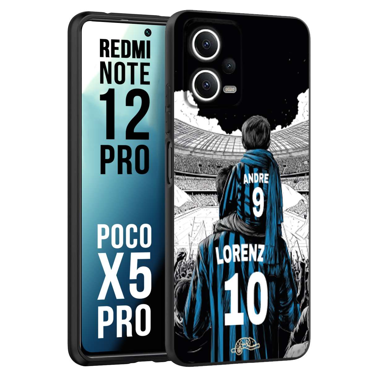 CUSTOMIZZA - Custodia cover nera morbida in tpu compatibile per Xiaomi Redmi Note 12 PRO - POCO X5 PRO personalizzata calcio football padre e figlio calciatori nerazzurra