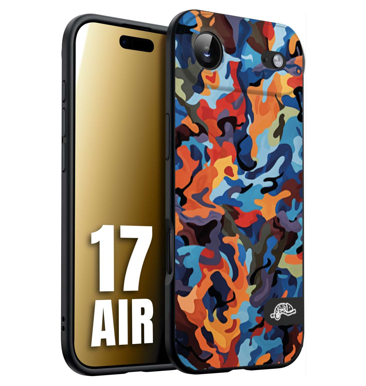 CUSTOMIZZA - Custodia cover nera morbida in tpu compatibile per iPhone 17 AIR camouflage mimetico militare moderno blu arancio rosso
