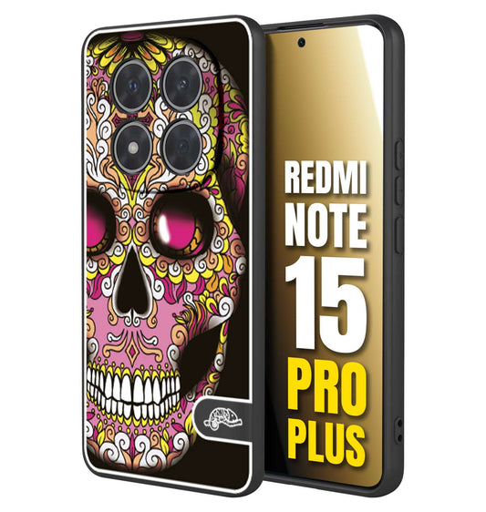 CUSTOMIZZA - Custodia cover nera morbida in tpu compatibile per Xiaomi Redmi Note 15 PRO PLUS teschio messicano Mexican skull rosa gialla
