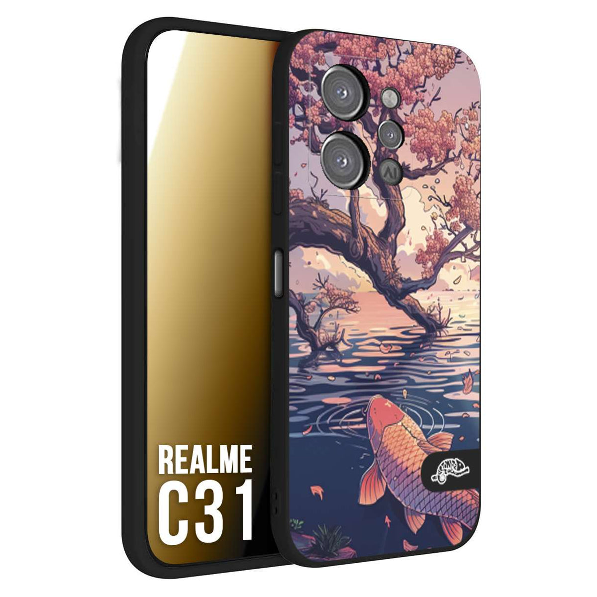 CUSTOMIZZA - Custodia cover nera morbida in tpu compatibile per Realme C31 giapponese lago carpa koi rosa con foglie d'acero disegnata tattoo