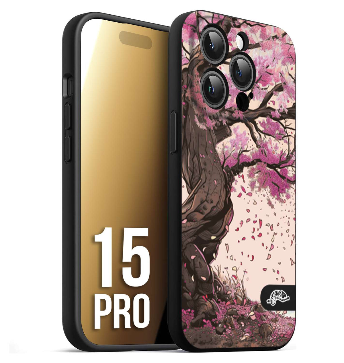CUSTOMIZZA - Custodia cover nera morbida in tpu compatibile per iPhone 15 PRO giapponese colori morbidi fiori di ciliegio rosa disegnata