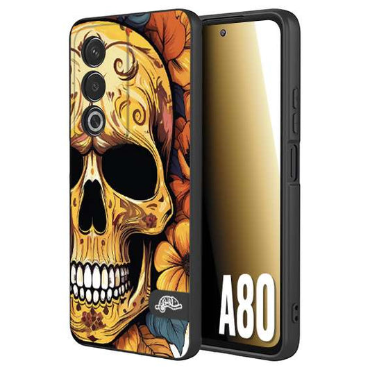 CUSTOMIZZA - Custodia cover nera morbida in tpu compatibile per Oppo A80 teschio messicano colorato dorato fiori autunnali disegnato