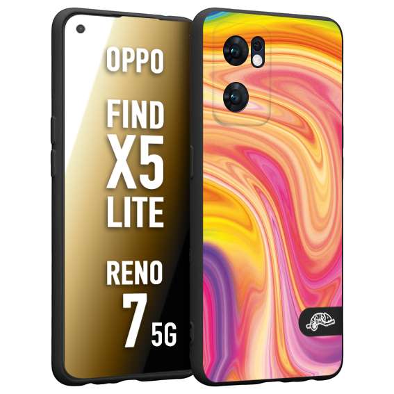 CUSTOMIZZA - Custodia cover nera morbida in tpu compatibile per Oppo Reno 7 - Find X5 LITE colorata fantasia vortice marmo onde rosa fucsia gialla