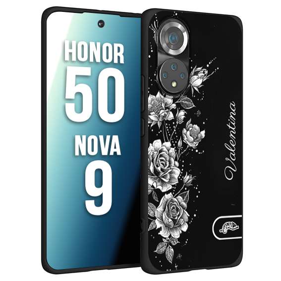 CUSTOMIZZA - Custodia cover nera morbida in tpu compatibile per Huawei Nova 9 - Honor 50 a rilievo soft touch personalizzata nome rose fiori donna
