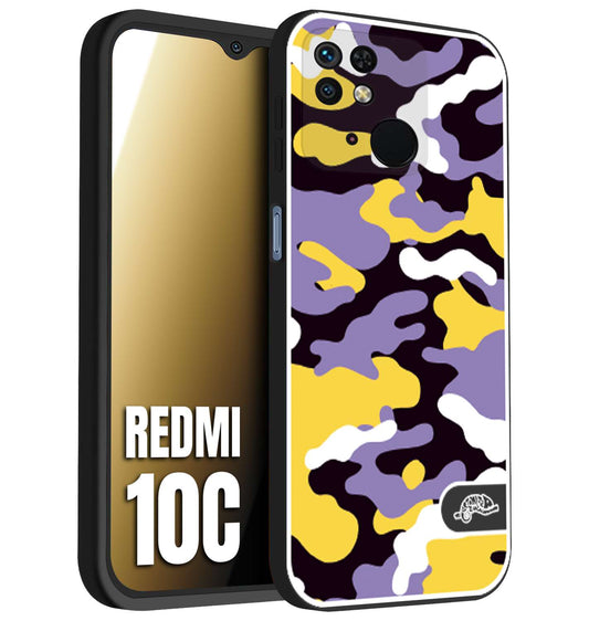 CUSTOMIZZA - Custodia cover nera morbida in tpu compatibile per Xiaomi Redmi 10C camouflage mimetico militare viola lilla giallo
