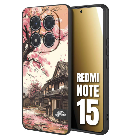 CUSTOMIZZA - Custodia cover nera morbida in tpu compatibile per Xiaomi Redmi Note 15 casa giapponese rosa ciliegio in fiore disegnata tattoo
