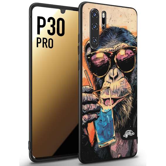 CUSTOMIZZA - Custodia cover nera morbida in tpu compatibile per Huawei P30 PRO estate disegnata cocktails animali simpatici scimmia monkey negroni