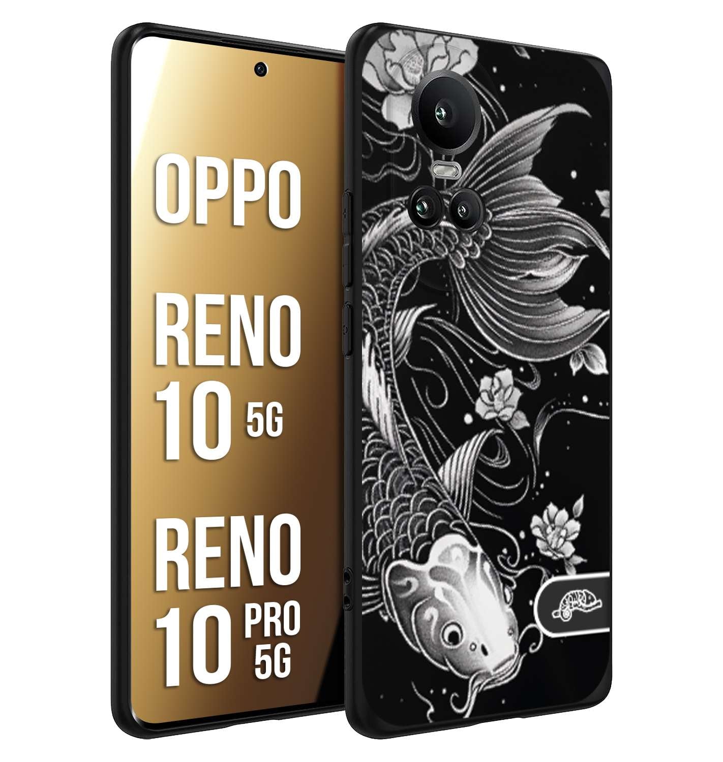 CUSTOMIZZA - Custodia cover nera morbida in tpu compatibile per Oppo Reno 10 5G - 10 PRO 5G carpa koi black and white bianco a rilievo disegnato tattoo tatuaggio