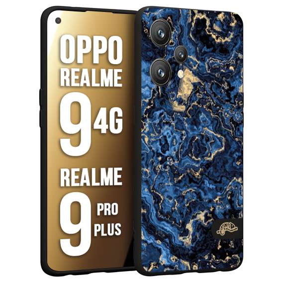 CUSTOMIZZA - Custodia cover nera morbida in tpu compatibile per Oppo Realme 9 4G - 9 PRO PLUS effetto marmo marble blu venature dorato psichedelico