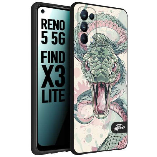 CUSTOMIZZA - Custodia cover nera morbida in tpu compatibile per Oppo Reno 5 5G snake pink green serpente tatuaggio tattoo disegnato a mano