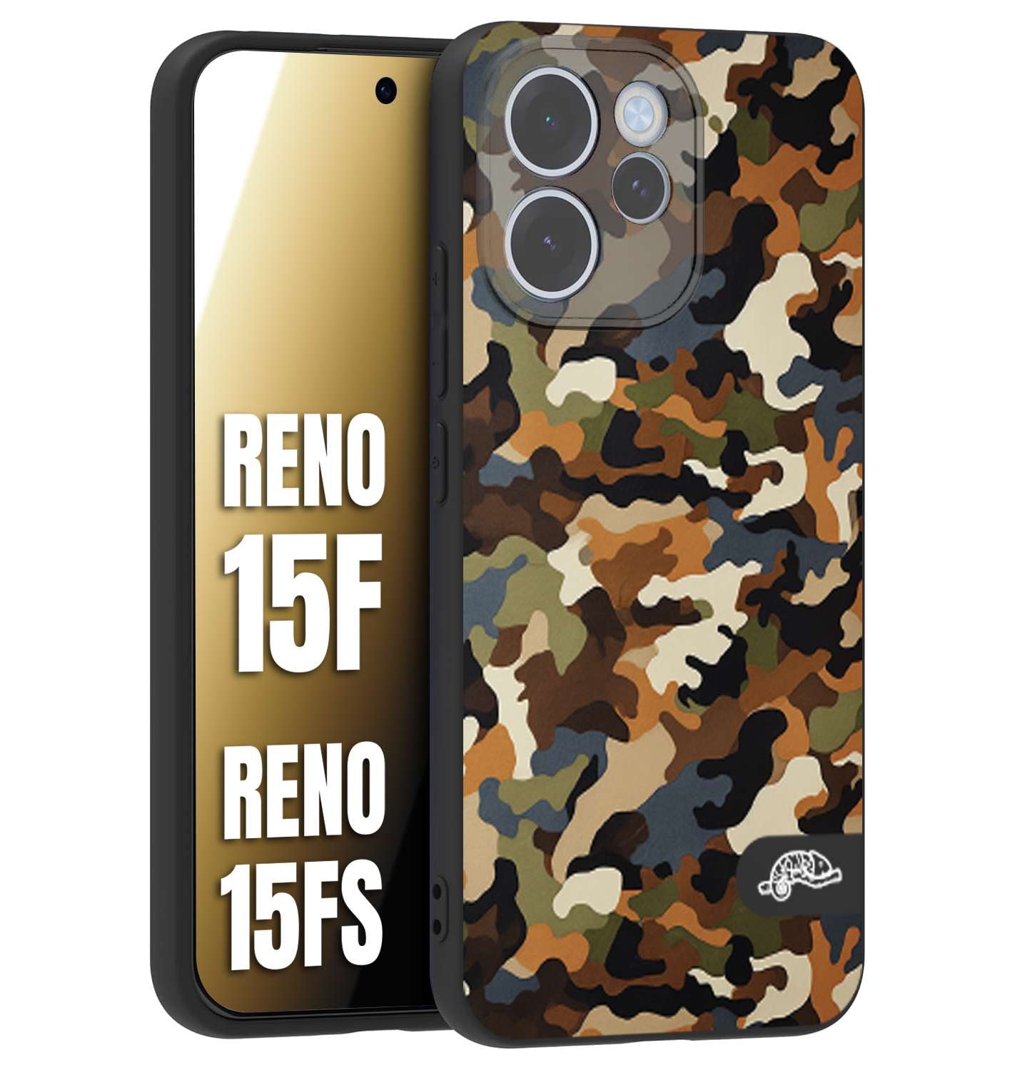 CUSTOMIZZA - Custodia cover nera morbida in tpu compatibile per Oppo Reno 15 F - Reno 15 FS camouflage mimetico militare moderno blu marrone beige