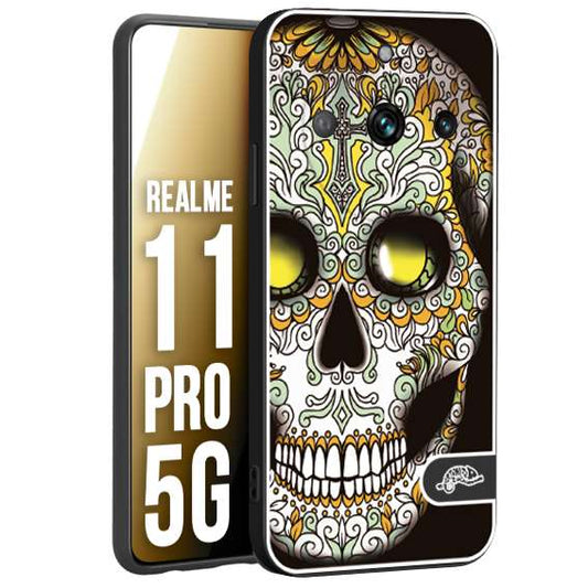 CUSTOMIZZA - Custodia cover nera morbida in tpu compatibile per Realme 11 PRO 5G teschio messicano Mexican skull bianco verde giallo