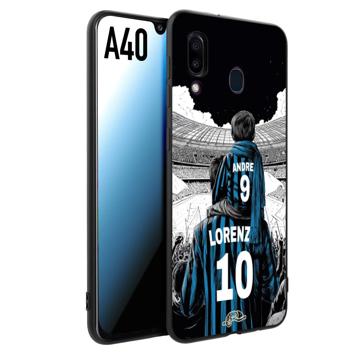 CUSTOMIZZA - Custodia cover nera morbida in tpu compatibile per Samsung A40 personalizzata calcio football padre e figlio calciatori nerazzurra